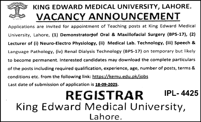 King Edward Medical University Lahore Tender Notice